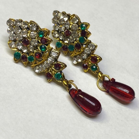 Christmas Color Earrings Pierced Post Dangle Drop Rhinestone Holiday Wear - Picture 2 of 10